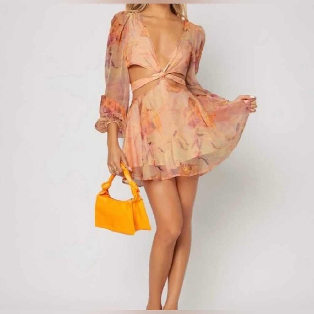 SHEIN Size M Peach & Purple Floral Cut-out Wrap Romper 2piece Crop Top Shorts